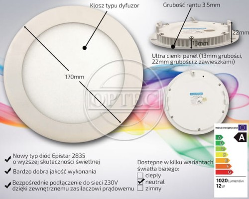 Panel LED 12W neutralny biały ultracienki