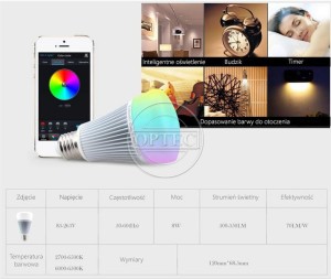 Żarówka LED 8W RGBW ciepły biały/zimny biały E27 BLUETOOTH